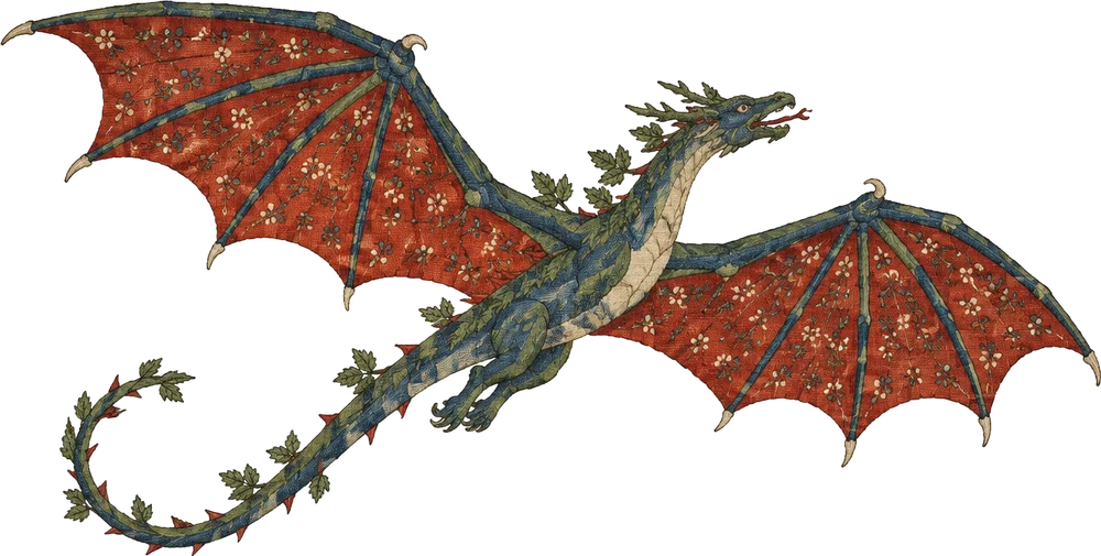 The Bramble Wyvern terbang dengan sayap merah terbentang dan ekor berduri.