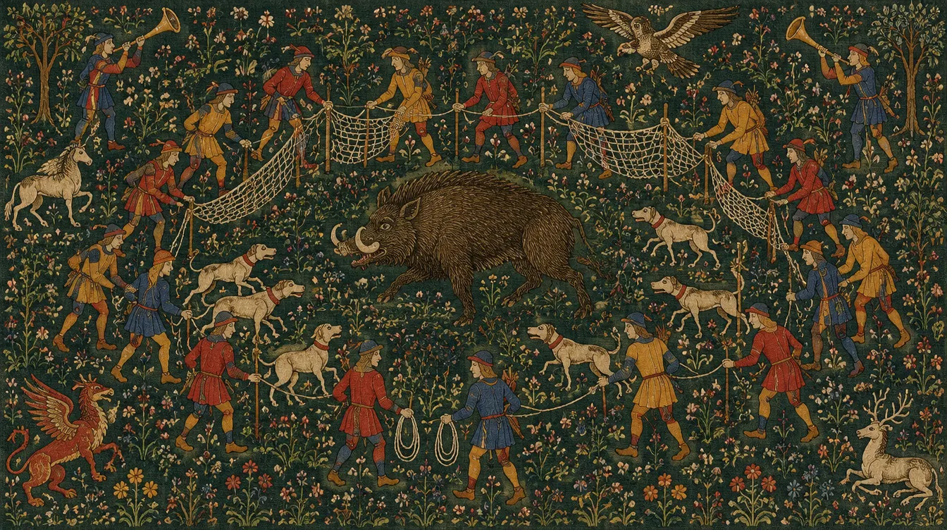 Raid perburuan: lingkaran pemburu berbaju merah, kuning, dan biru membentangkan jaring di sekeliling The Questing Boar, anjing menahan barisan, elang terbang di atas.